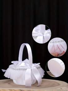 1 pieza Canasto de niña de las flores de satén y encaje para ceremonias de boda, elegantes cestas de flores blancas con decoraciones de piroxeno para fiestas nupciales, regalos de cumpleaños de verano, útiles escolares y decoración de habitaciones