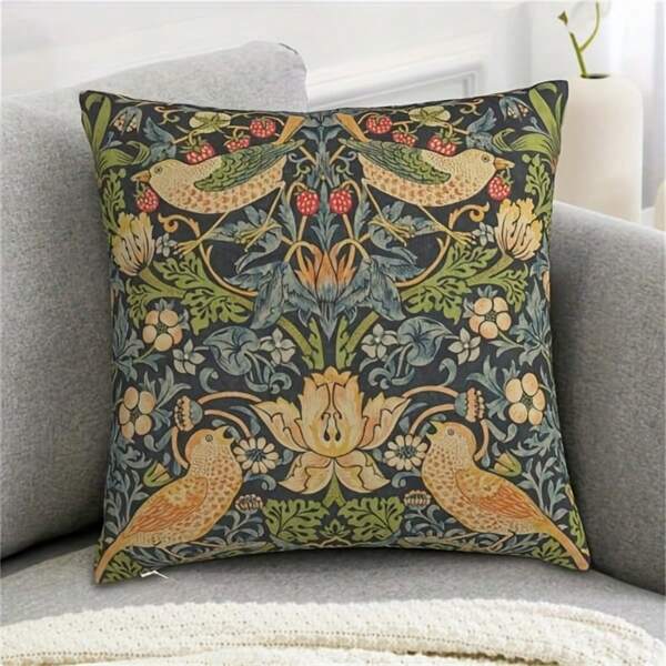 Housse de coussin florale à la fraise de style William Morris - 18 x 18 pouces, Housse de coussin à imprimé de lin de style ferme avec fermeture éclair, Convient pour la décoration de la maison et du bureau, Impression unilatérale, Insert de coussin non inclus