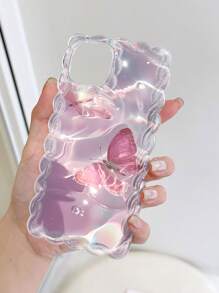 1pc Pink Water Ripple Butterfly Pattern Wavy Lace Silicone Shockproof Transparent Phone Case Compatible With IPhone 11/12/13/14/15 Pro Max