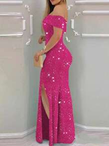 Elegant Off Shoulder Solid Color High Slit Lightweight Ruffle Hem Metallic Glitter Dress, Valentine's Day Gift Summer - Hot Pink - View 2