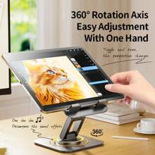 1pc Tablet Stand Suitable For IPad, Mobile Phone Holder, Foldable Rotatable Desktop Office Stand, 3-Axis Adjustable, Large Square Metal Base, Plastic Panel, Portable Travel Stand