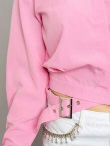 Camisa holgada lisa para dama con cinturones de moda casual - Rosa - Ver 4