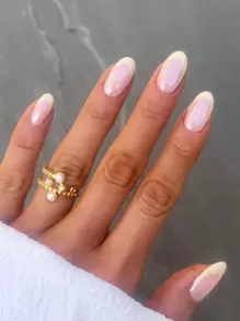 24片粉色杏仁形按压式美甲贴片，电镀朋克风，白色法式美甲亮面全覆盖假指甲，适合女性、女孩、派对、节日、户外美甲用品 - 彩色 - 查看 2