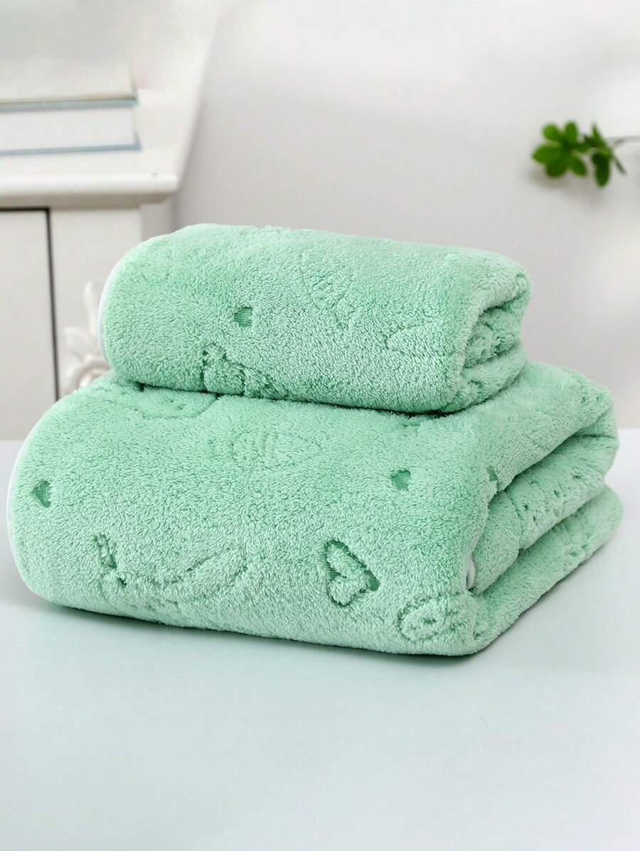 1pc Soft & Absorbent Coral Fleece Towel, Quick Dry, Romantic Love, Rose Or Butterfly Jacquard Pattern, Ideal Valentine's Day Gift For Loved One - Face Towel Or Bath Towel Shower Towels For Beauty Salon, Hotel Sports,Home Essentials, Towel, Skin Care Bath Towel Sheet - Green - View 1