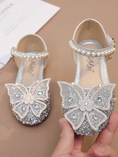 1 双时尚百搭粉色女孩珍珠和水钻蝴蝶结装饰可爱平底凉鞋，圆头，适合日常穿着、跳舞、户外，亮片装饰包头公主鞋，尺码偏小半码，春秋季