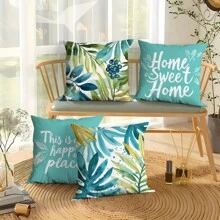 4 件户外条纹防水枕套，热带植物叶子和祝福文字印花，适用于海滩、露台、沙发枕头，无枕芯