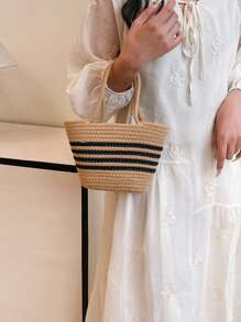 编织时尚草编沙滩手提单肩包 - 彩色 - 查看 4