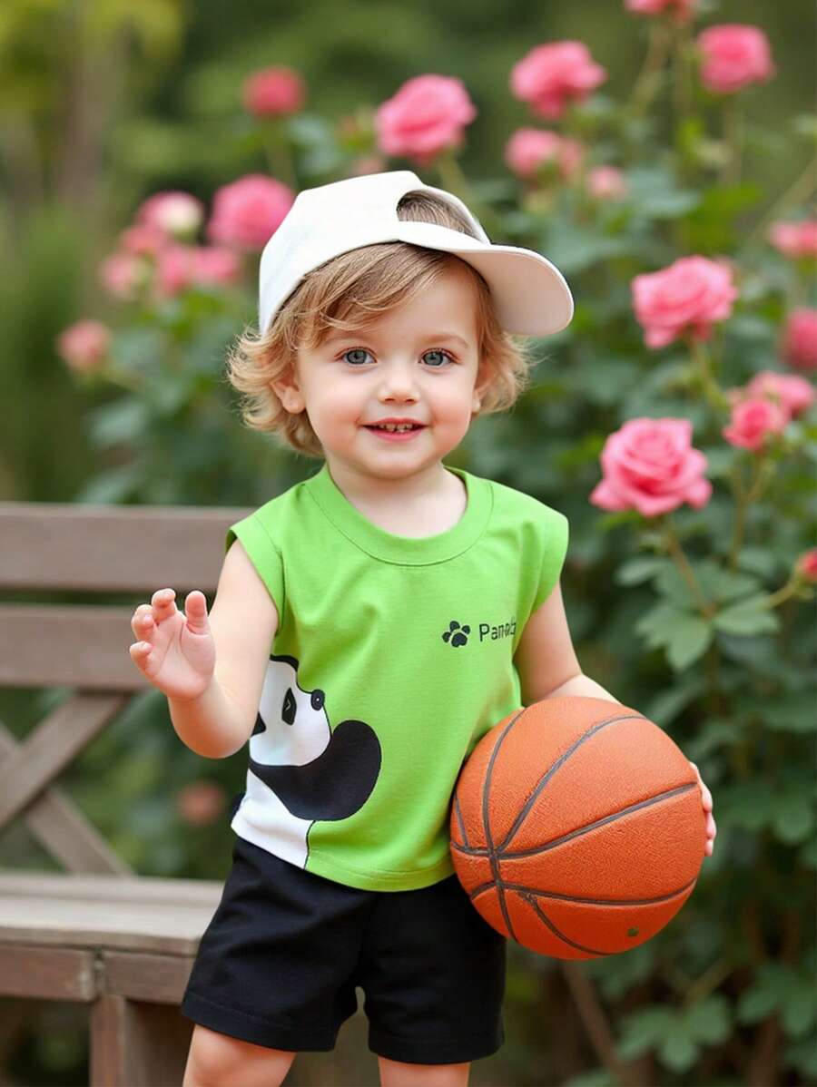 2pcs Baby Boys' Sleeveless Crew Neck Cute Panda Print Top And Solid Color Shorts Set, Suitable For Daily Outings In Summer - Multicolor - View 1