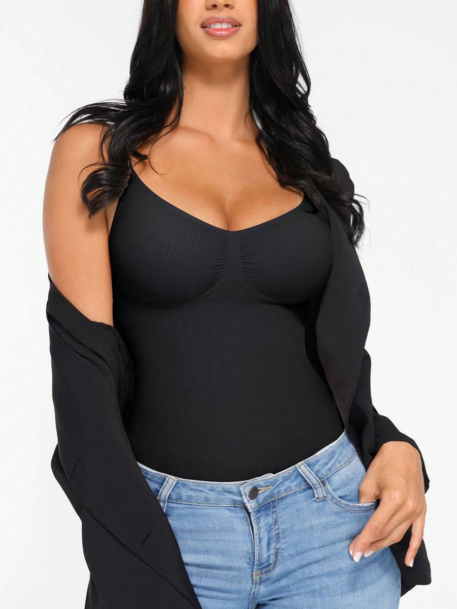 FeelinGirl Womens Tank Top Shapewear Tummy Control Tops Slimming Cami Tank Seamless Compression V Neck Camisole - 黑色 - 查看 1