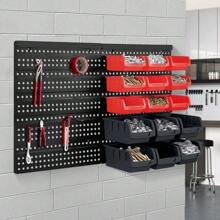 32Pcs Wall Mounted Storage Bins Backboard DIY Stackable Workshop Storage For Tools Hardwares Crafts 64 X 41cm Plastic Bin Panel Rack With Screws For Tool Shed Garage Workshop (Red+Black) - Red+Black - View 5