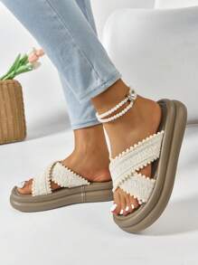 Sandales à orteils ouverts en tricot pour femmes, style féérique, semelle épaisse antidérapante, tongs d'été décontractées pour la plage, tongs plates à brides croisées