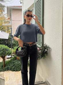 FOR BEAUTY Spring And Summer New Round Neck Short Sleeved Knitted Sweater For Women Tops Loose And Short, Simple Commuting Style Sweater Pullover, Graduation Outfit Half Sleeved Knit Top