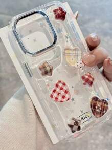 复古英国格子、星星和心形图案手机壳适用于 11、15 ProMax、12、14、14 Pro Max、13 系列 - 全身保护软壳防水防震防摔防刮