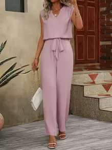 Women's Casual Solid V-Neck Sleeveless Top And Pants Two Piece Summer Sets,Vacation/Beach/Valentine's Day/Easter/Daily Commute Outfits - 粉色 - 查看 1