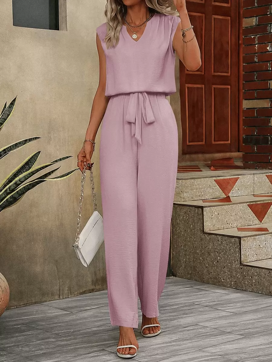 Women's Casual Solid V-Neck Sleeveless Top And Pants Two Piece Summer Sets,Vacation/Beach/Valentine's Day/Easter/Daily Commute Outfits - 粉色 - 查看 1