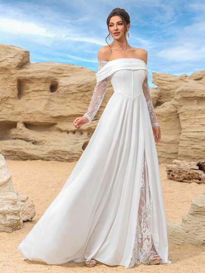 Plain Color Off-Shoulder Long Sleeve Contrast Lace Split Hem Simple & Elegant Wedding Dress