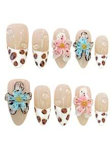 10 piezas de uñas postizas de almendra largas de cobertura completa, con diseños florales y de estampado de leopardo en colores rosas, con textura de flores embotadas, hechas a mano, con pegamento de gelatina y lima de uñas incluidos, suministros de arte de uñas DIY para festivales de música, fiestas del Día de la Madre, bodas y fiestas.