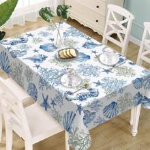 1pc Blue Ocean Beach Theme Rectangular Tablecloth, Decorated With Seashells, Coral, Seahorse & Starfish, Seasonal Ocean Table Cover For Spring/Summer Marine Themed Picnic Party, Indoor/Outdoor Decor