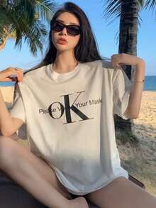 女士百搭字母印花宽松短袖T恤，夏季休闲白色 - 白色 - 查看 3
