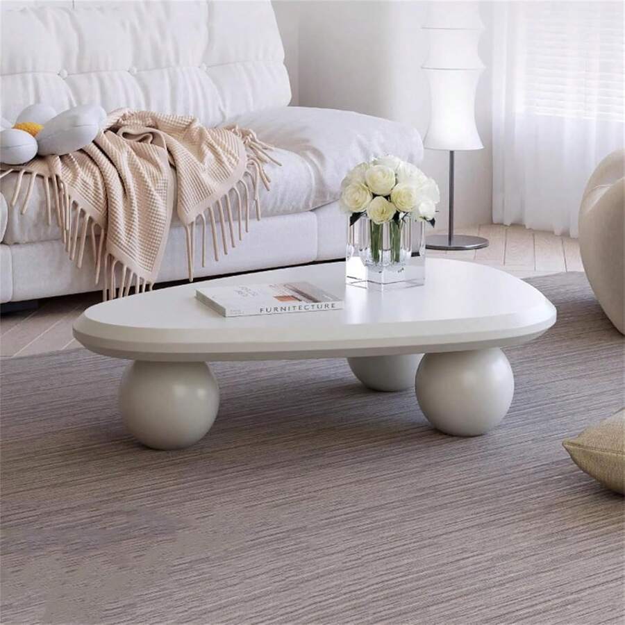 Irregular Coffee Table Modern Wood Cloud Shape End Table Low Coffee Table For Living Room Cloud Coffee Table With 3 Ball Legs For Living Room Bedroom (Cream, 47.24*31.49*13.78inch)