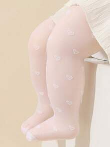 1pc Girls Kids White, Black, Heart Pattern Jacquard High Stretch Footless Tights, Mesh Leggings, Comfortable Pantyhose, School Style Dance Pants, Suitable For Back To School Season/Spring Summer