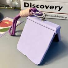 Minimalist Cute Purple Phone Case With Wrist Strap, Compatible With Samsung Galaxy Z Flip 5, Z Flip 6, Shock-Resistant Back Cover, Waterproof, Anti-Fall, Anti-Scratch - Purple - View 6