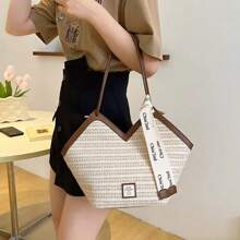 Customizable Name Embroidery Personalized Versatile Commuting Tote Bag, Large Capacity Woven Shoulder Handbag, Convenient & Fashionable - Multicolor - View 5