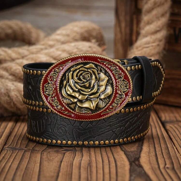 Hombres y mujeres-Western-Cowboy-Cinturones de cuero PU - Cinturón de caballo vintage Cinturón con hebilla grabada floral para jeans H6L4 - Gris - Añade 9