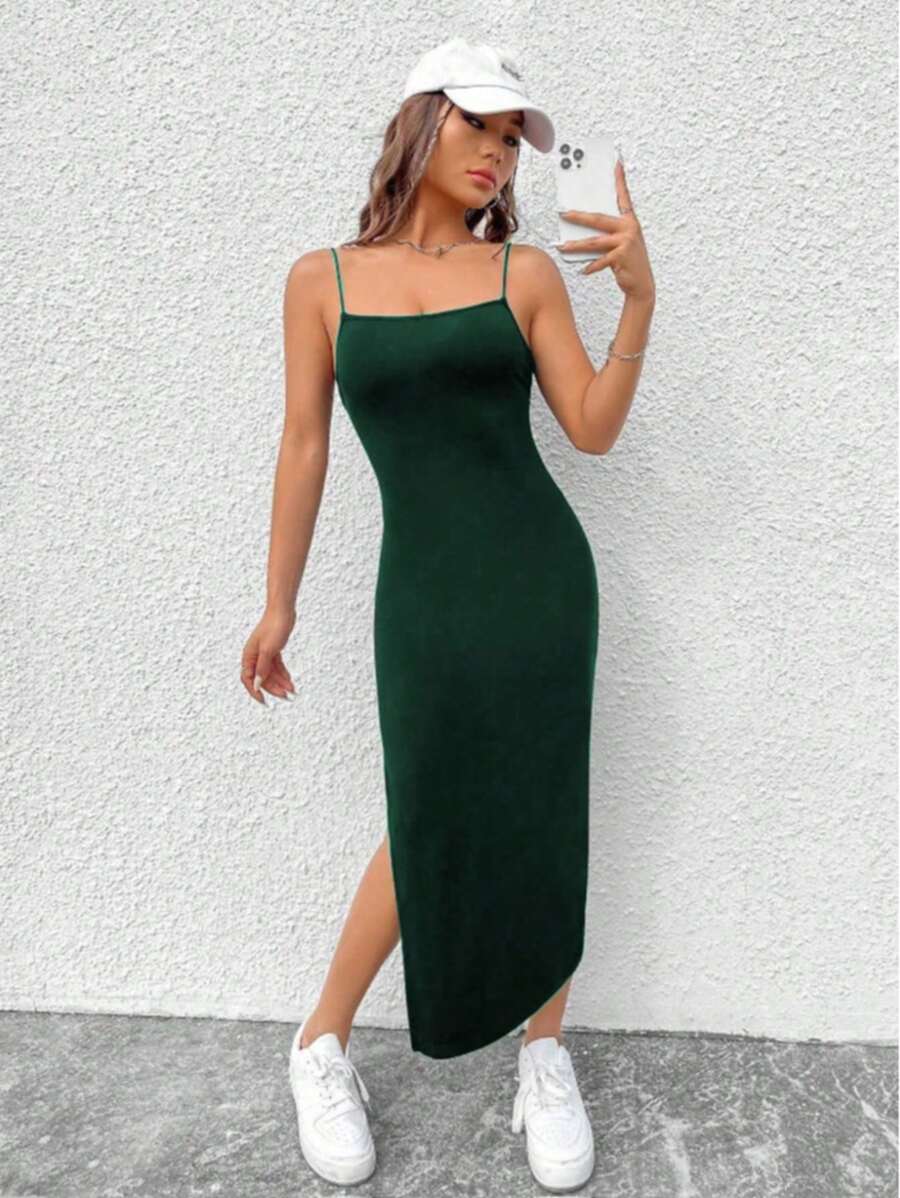 Viscolycra Spaghetti Strap Dress With Side Slit - xanh quân đội - Xem 1