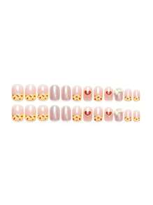 Améliorez votre look d'ongles rapportés ! 24 pièces de faux ongles courts carrés roses, fournitures d'art pour ongles avec cœurs mignons et petites fleurs vertes sur base, idéal pour le printemps et l'été. Ensemble complet réutilisable, avec 1 colle de gelée et un lime à ongles. Parfait pour les fêtes, les danses et le port quotidien.