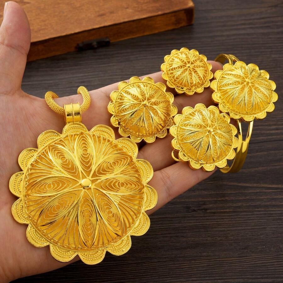 Bộ trang sức rỗng cổ điển thời trang màu vàng 4 món, hoa tai, nhẫn, vòng cổ, vòng tay kết hợp, quà tặng cho phụ nữ dự tiệc, sinh nhật - A - Xem 1