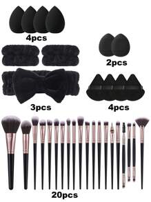 43件套化妆刷套装，包括眼影刷、眉刷、粉底刷、散粉刷、腮红刷、遮瑕刷和高光刷，采用超柔软优质合成毛制成，适合日常面部化妆。