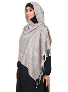 1 件复古佩斯利和格子锦缎印花羊绒围巾，柔软休闲波西米亚流苏披肩，适合日常通勤、旅行、外套装饰 - 彩色 - 查看 3