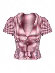 Women's Summer Short Sleeve V Neck Crop Tops Plaid Button Down Slim Fit T Shirts Blouse - Red - View 4