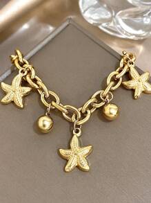 1 pièce Bracelet chaîne de perles en forme d'étoile de mer en acier inoxydable doré, bracelet empilable pour femme. Bijou de fête quotidienne pour anniversaire, Noël