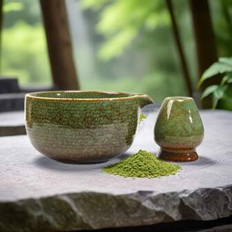 1 set 510 ml Ensemble Matcha cuit au four, comprend un bol à Matcha avec bec verseur et un fouet à Matcha, convient pour la cérémonie du thé Matcha, outils de préparation du Matcha faciles à nettoyer, 2 pièces Ensemble Matcha cuit au four de couleur aléatoire