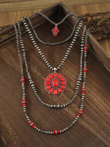 Bộ 4 chiếc/bộ vòng cổ dài đính hạt giả ngọc lam & đỏ cổ điển, phong cách Boho Cowgirl, quà tặng hoàn hảo cho sinh nhật, năm mới, ngày lễ tình nhân, phong cách nghỉ dưỡng miền Tây/Cowgirl, hạt Bohemian cổ điển - Đỏ - Xem 1