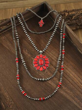 4st/set Faux Turkos & Vintage Röd Pärlhalsband Set, Boho Cowgirl Style, Perfekt present till födelsedag, nyår, Alla hjärtans dag, Western/Cowgirl Vacation Style, Vintage Bohemian Beaded