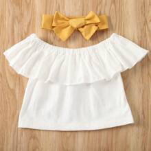 Little Girls Long Maxi Skirt Casual Summer 3pieces Outfits Off Shoulder Ruffle Crop Top + High Waist Smocked Long Maxi Skirt + Bowknot Headband Holiday Sundress Clothes - 黃色 - 查看 10