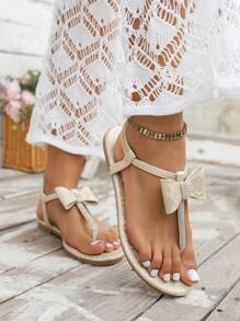 WRCVS Champagne Women Sandals With Random Print, Pearl & Rhinestone Decor Princess Shoes, Sexy Thong Flat Comfortable Beach Sandals With Bow For Party, Wedding, Vacation,Flip Flops,Spring Summer Outfits - Champagne - View 4