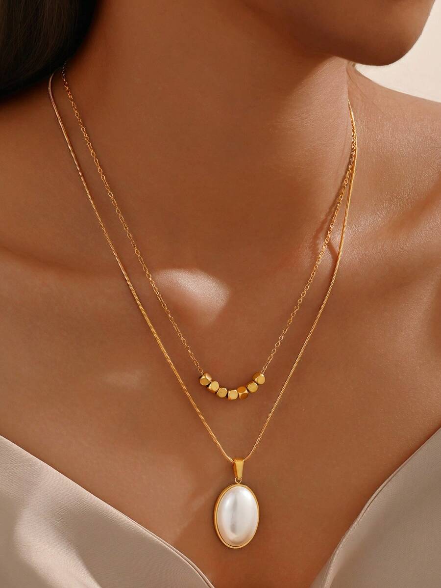 1件优雅轻奢风格镀金不锈钢多层金珠和椭圆形珍珠吊坠叠戴项链，适合女性情人节和日常佩戴 - 金黃色 - 查看 1