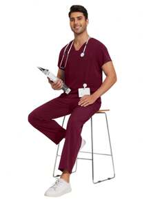 Uniformes quirúrgicos para hombres, conjuntos de ropa de enfermería (Parte superior + Pantalones), uniformes de enfermería, ropa de trabajo para salón de belleza, uniformes hospitalarios - Burdeos - Ver 5