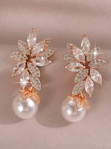 jealous young 1 Pair Elegant Big Simplicity Flower CZ Shell Pearl Wedding Dangle Earrings For Women Brides Luxury Zircona Drop Earrings Festivals Engagement Anniversary Party Jewelry Gift - Rose Gold - View 8