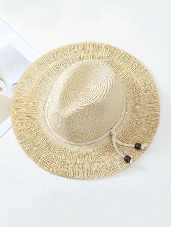 1pc Men's Casual Straw Hat With Tassel Trim, Sun Protection Wide Brim Woven Beach Hat For Outdoor Leisure Daily Wear