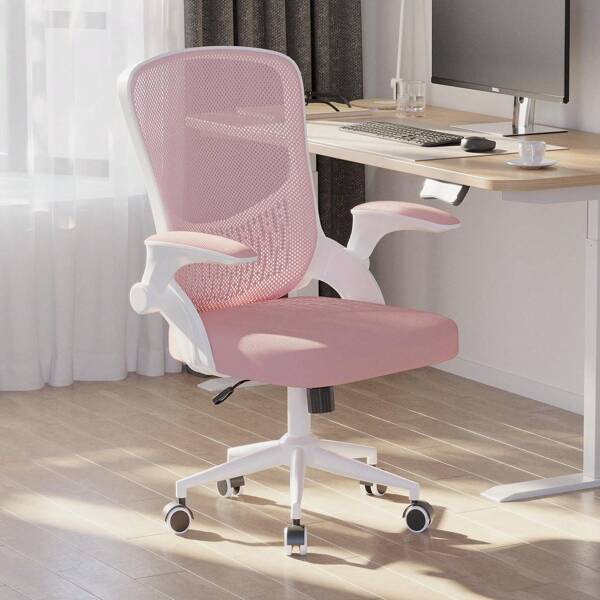 Bigzzia Chaise de bureau ergonomique avec accoudoirs rabattables, chaise en maille à dossier moyen avec support lombaire, dossier réglable en hauteur et espace de rangement, chaise d'ordinateur confortable pour le bureau à domicile