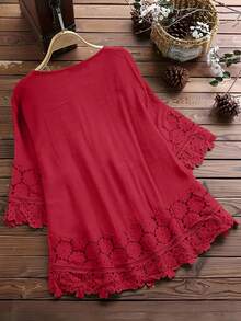 Women's Floral Embroidery Minimalistic Casual Lace Blouse - Red - View 4