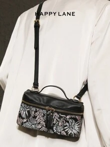 HAPPY LANE 1 geantă de mână de lux, stil vintage, cu broderie florală, fundal negru cu flori rafinate roșii, galbene și albe - elegantă, retro, business casual, geantă cu fermoar frontal și curea de umăr, geantă crossbody perfectă pentru zi cu zi, petreceri și călătorii, ușoară, farmec retro versatil, potrivită pentru femeile care caută eleganță personalizată, potrivită pentru orice ocazie, prezintă un gust vestimentar unic.