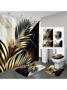 4 Peças Conjunto de Decoração de Banheiro Mármore Dourado Banana, Inclui Cortina de Chuveiro À Prova d'Água, Tapete Antiderrapante, Tampa de Assento Sanitário, Tapete de Banho e 12 Ganchos de Plástico, Ótimo para Decoração de Casa, Dormitório e Cabana, Volta às Aulas