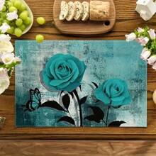 4 piezas, empacadas en 6 piezas, Individuales de mesa, diseñados con un patrón de rosa azul oscuro sobre lino, individuales de mesa, hechos de poliéster lavable a máquina, tamaño 12 * 18 pulgadas/30 * 45cm, resistentes al calor, adecuados para decoración del hogar, restaurante, decoración de hotel