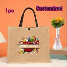 Regalo personalizado para maestros con impresión de nombre personalizado | Conjunto de bolsa de compras reutilizable de lino caqui y yute, y billetera | Detalles en metal negro para la Semana de la Enfermera/Día de la Madre/Apreciación a Maestros | Bolso multiuso para la playa y organizador de viaje